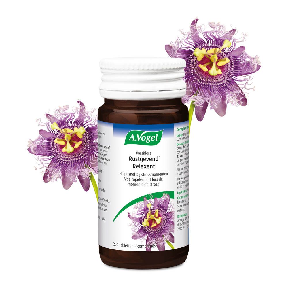 Witte doos met blauwe tekst. A. Vogel Passiflora-Komplex tabletten. 200 tabletten.