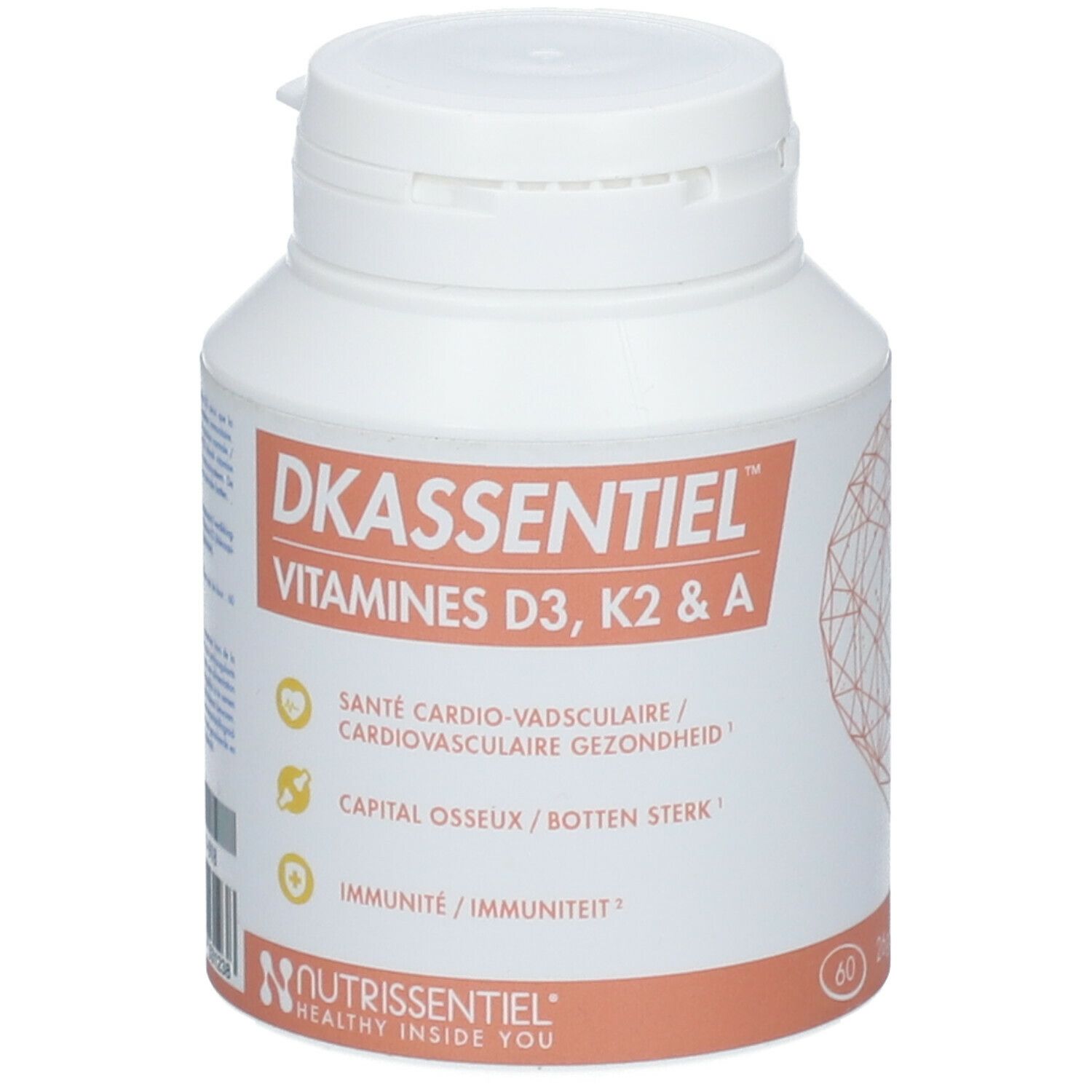 Flacon blanc "DKassentiel" avec "Vitamine D3, K2 & A". Contient 60 gélules. Marque: Nutrissentiel.