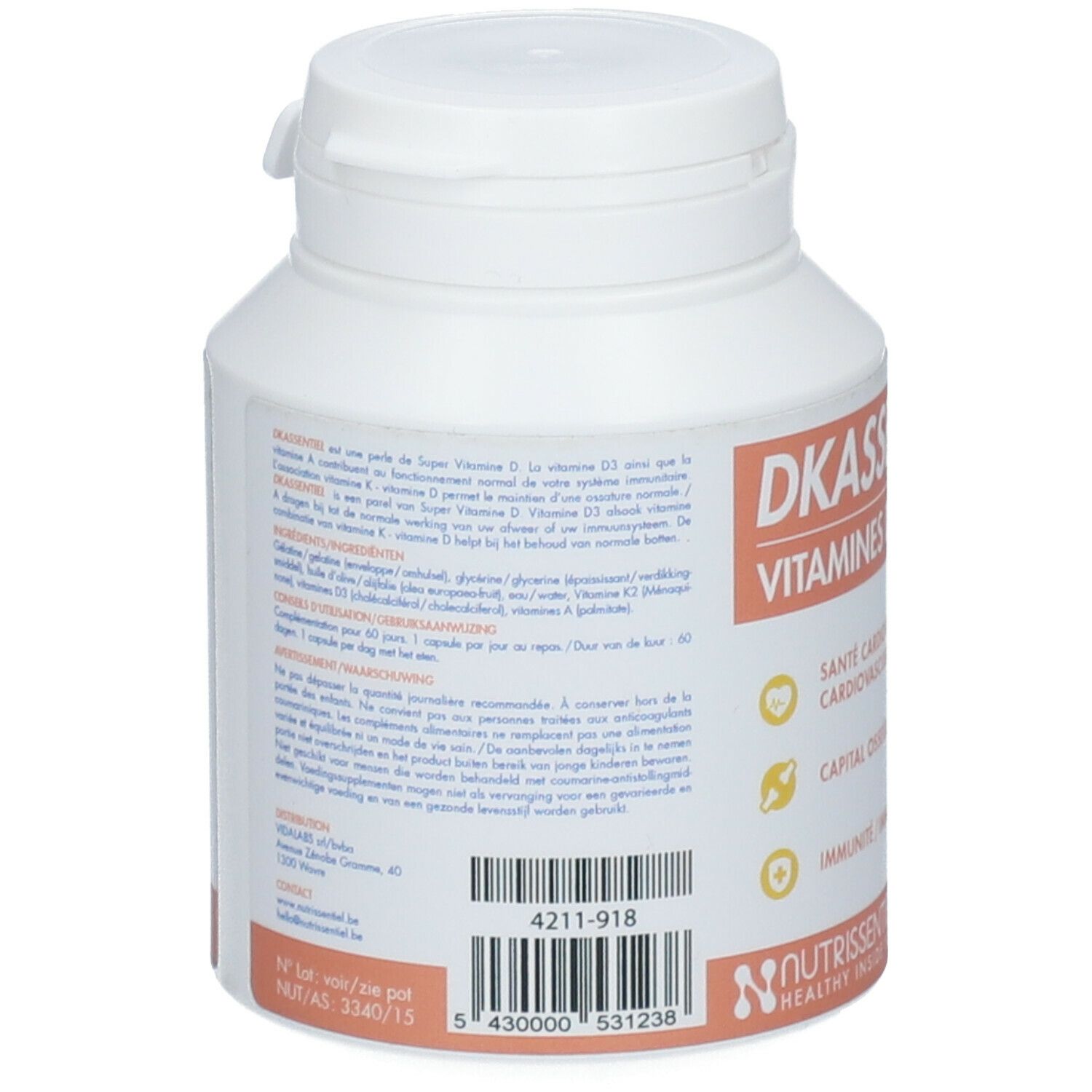 Dos du flacon blanc avec texte. Contient des informations sur les ingrédients et le dosage. Code-barres et marque Nutrissentiel.