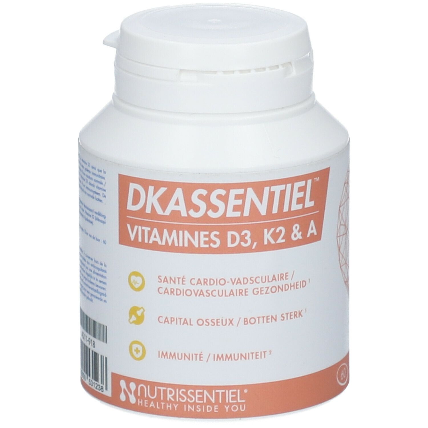 Flacon blanc avec "DKassentiel" et "Vitamine D3, K2 & A". Marque Nutrissentiel.