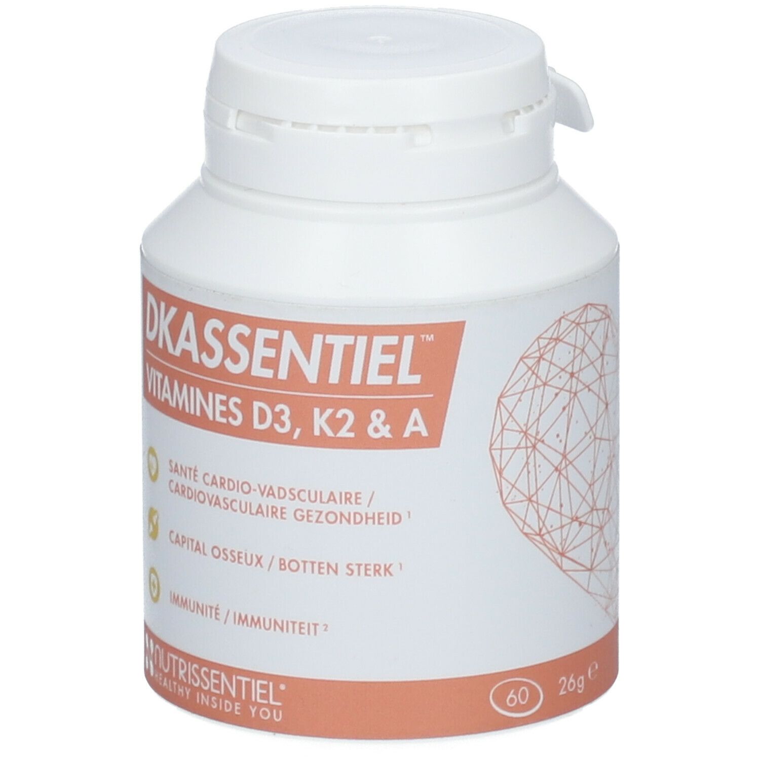 Flacon blanc avec "DKassentiel" et "Vitamine D3, K2 & A". Contient 60 gélules. Marque Nutrissentiel.