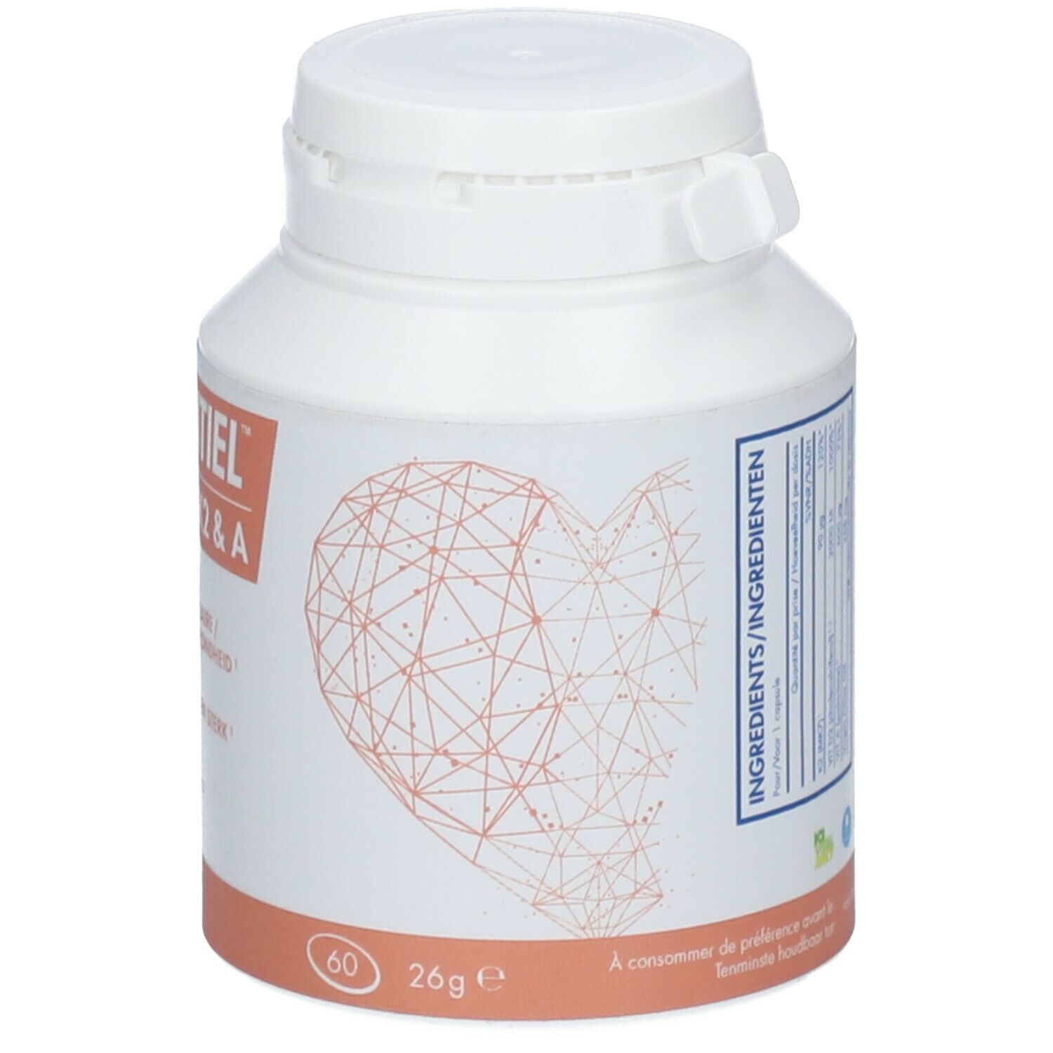 Flacon blanc avec "DKassentiel" et "Vitamine D3, K2 & A". Contient 60 gélules. Marque Nutrissentiel.