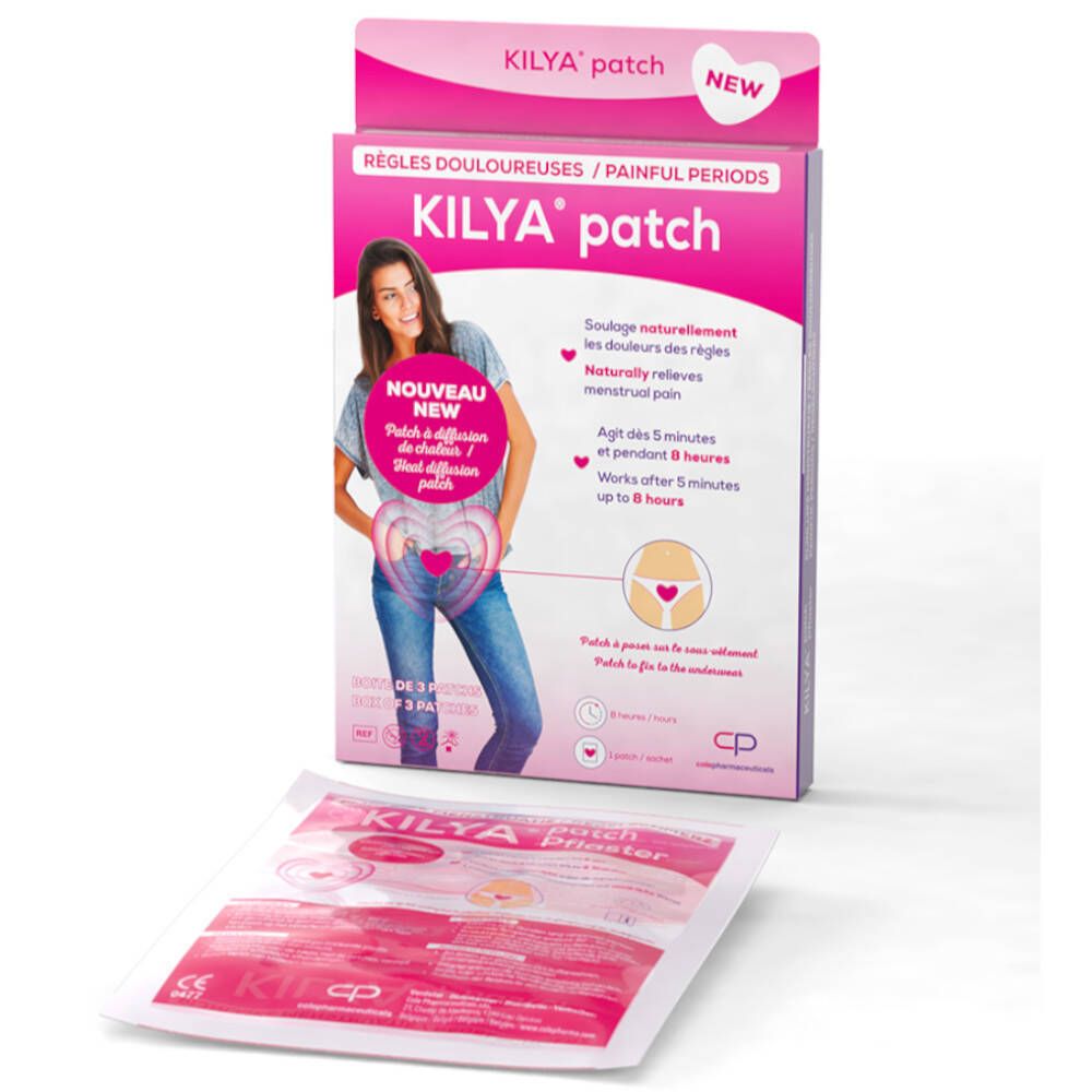 Kilya patch. Roze verpakking met product en vrouw. Tekst: "Règles douloureuses / Painful periods". Enkele patch op witte achtergrond.