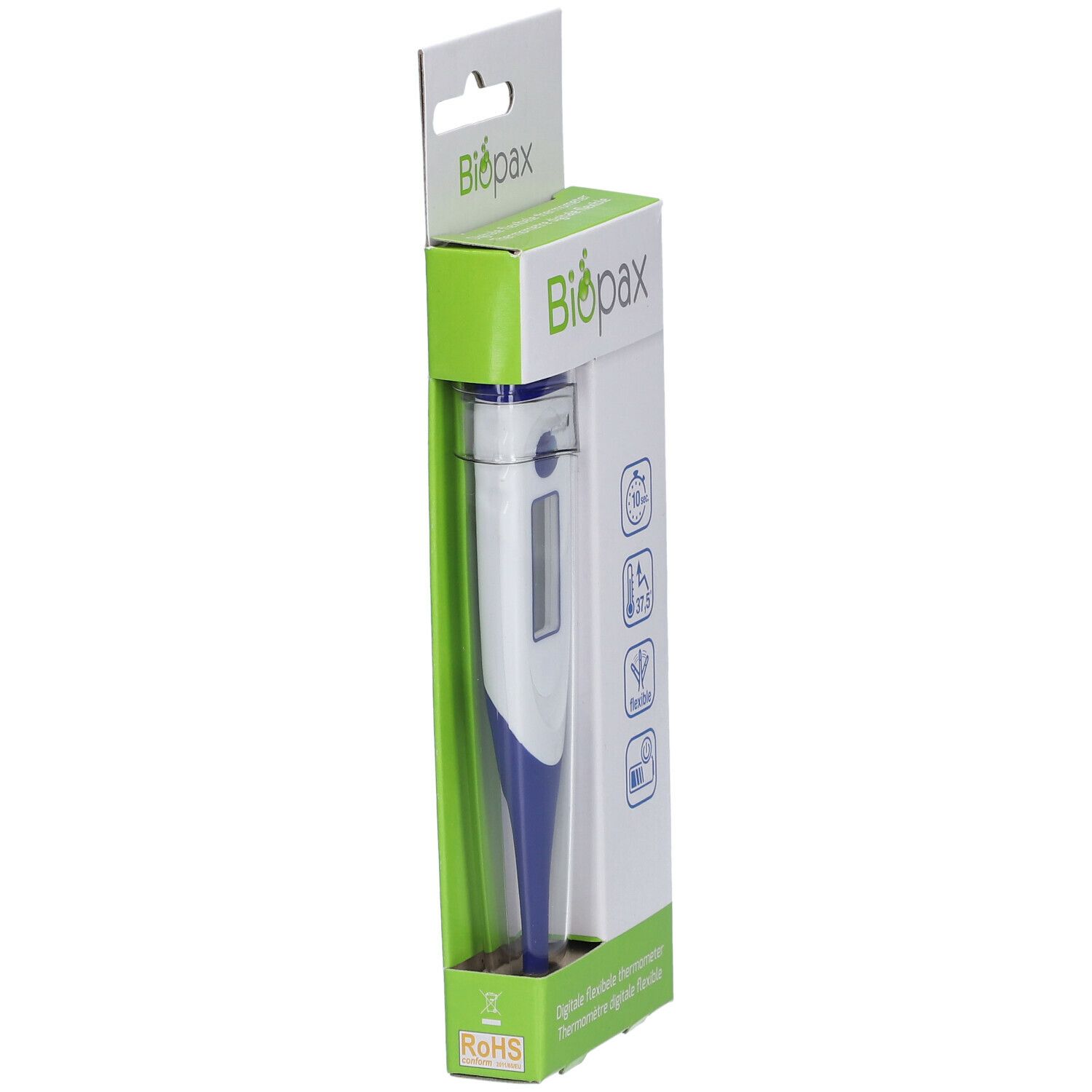 Verpakking van een digitale flexibele thermometer. Wit-blauwe thermometer binnenin. Logo en pictogrammen op de verpakking.