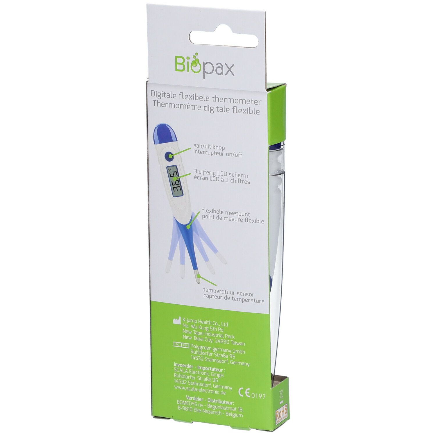 Achterkant van de verpakking van een digitale flexibele thermometer. Tekst en pictogrammen. Thermometer met flexibel meetpunt.