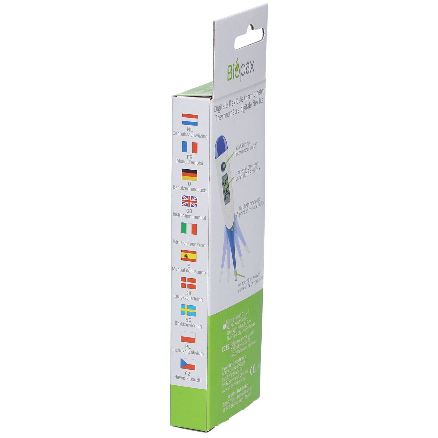 Zijkant van de verpakking van een digitale flexibele thermometer. Vlaggen van verschillende talen. Tekst en logo.