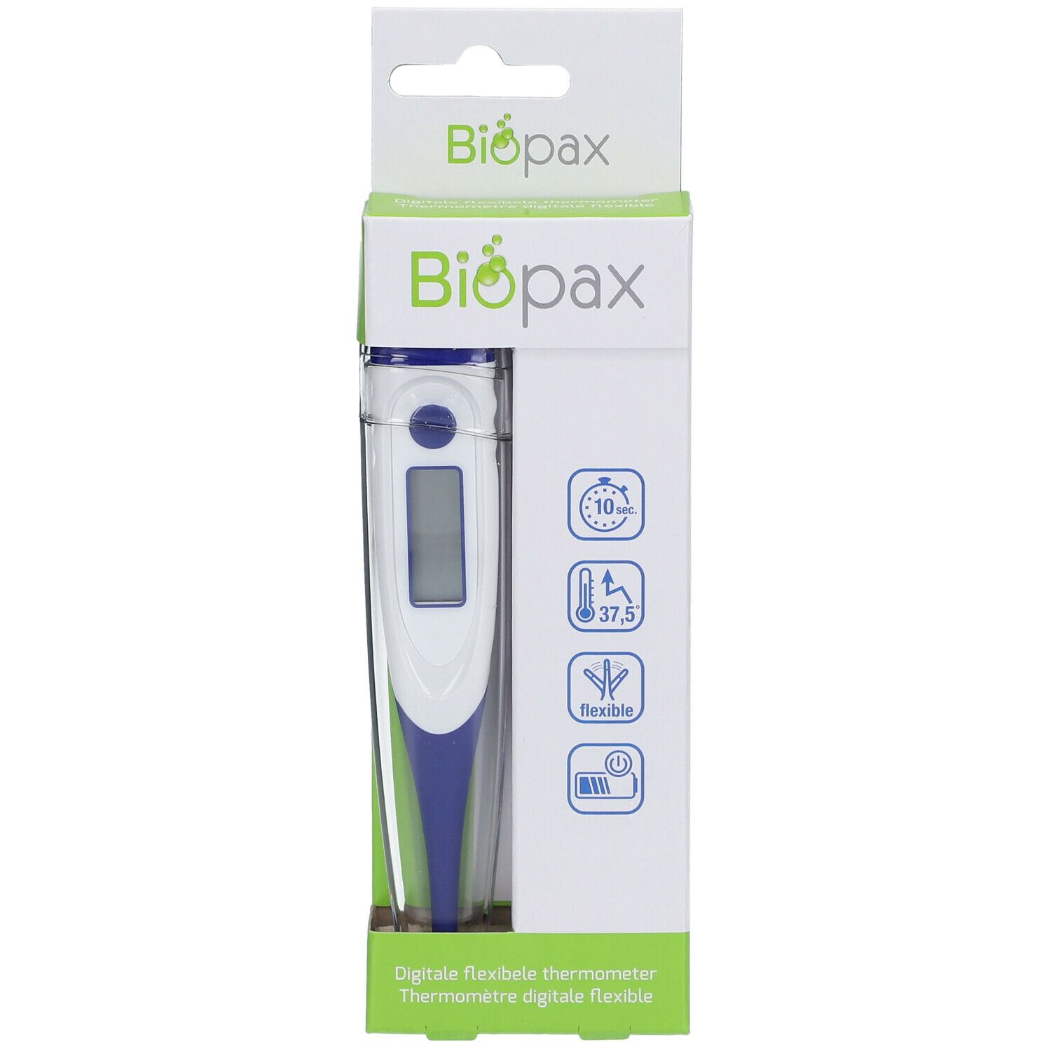 Digitale flexibele thermometer in verpakking. Wit-blauwe thermometer met display. Verpakking met logo en pictogrammen.