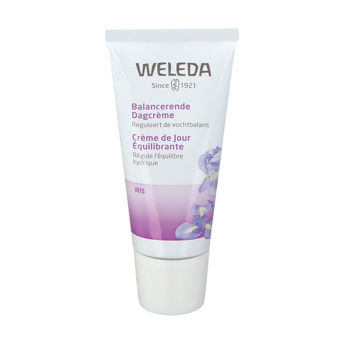 Weleda-tube. Wit, met tekst en paarse accenten. Opschrift: Balanceerende Dagcrème, Crème de Jour Équilibrante, Iris.