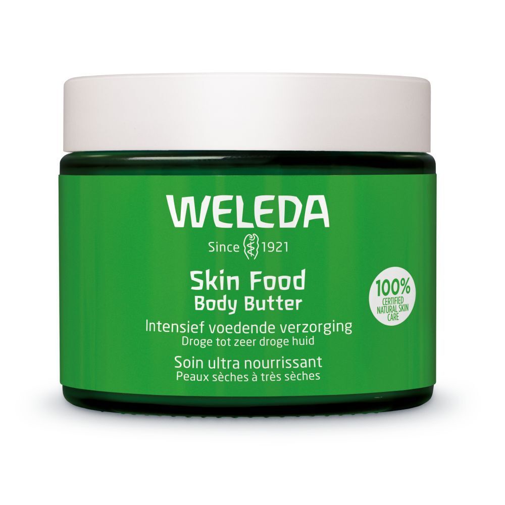 Groene pot met witte deksel. Opschrift: WELEDA, Skin Food Body Butter. 100% gecertificeerde natuurlijke cosmetica.