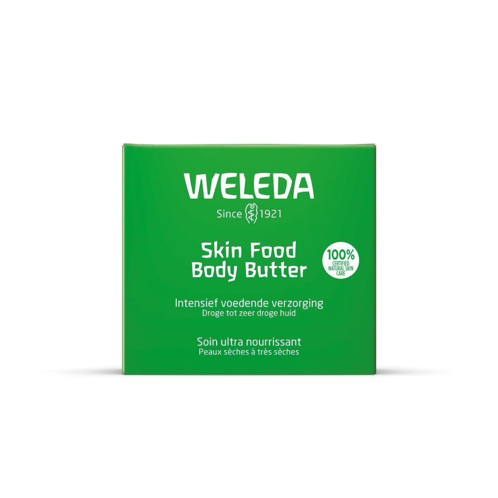 Groene verpakking met opschrift: WELEDA, Skin Food Body Butter. 100% gecertificeerde natuurlijke cosmetica.