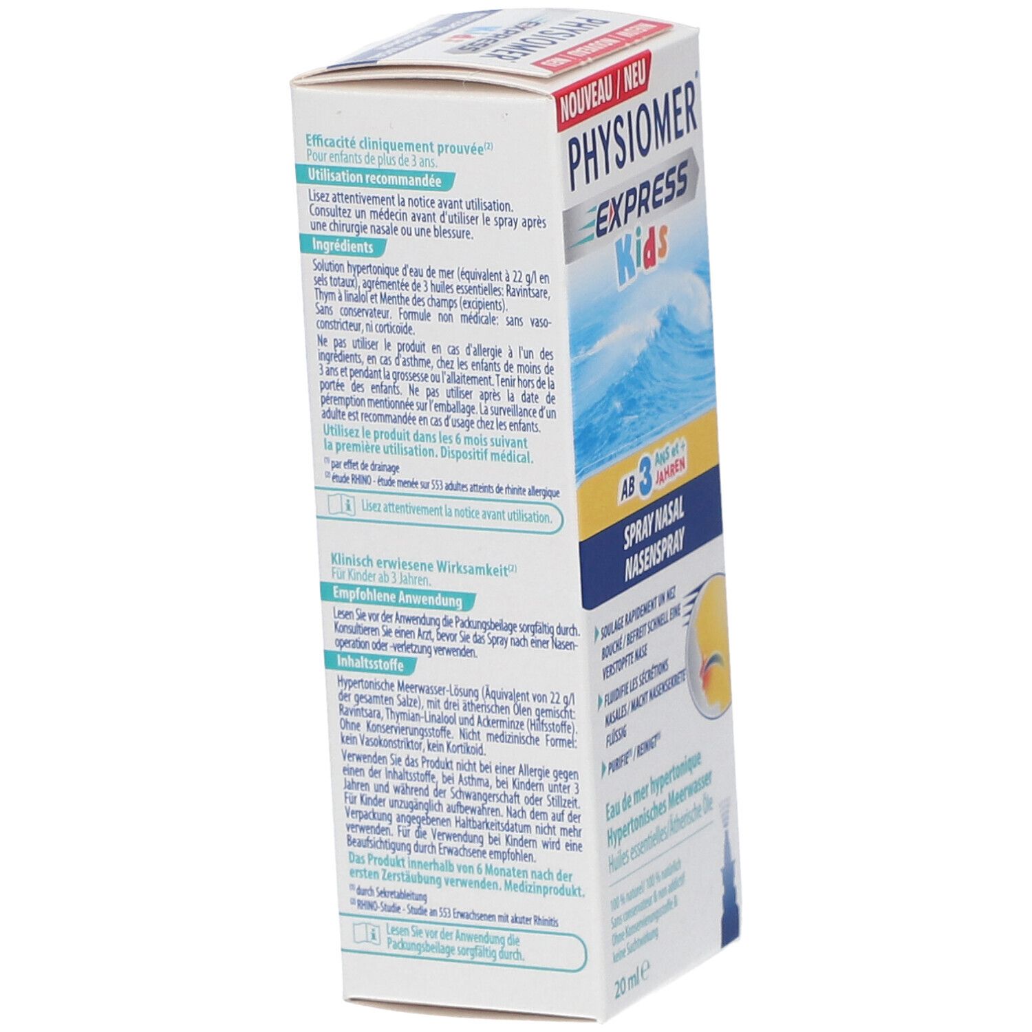 Dos de l'emballage Physiomer Express Kids. Texte en plusieurs langues. Informations sur le produit et ingrédients.