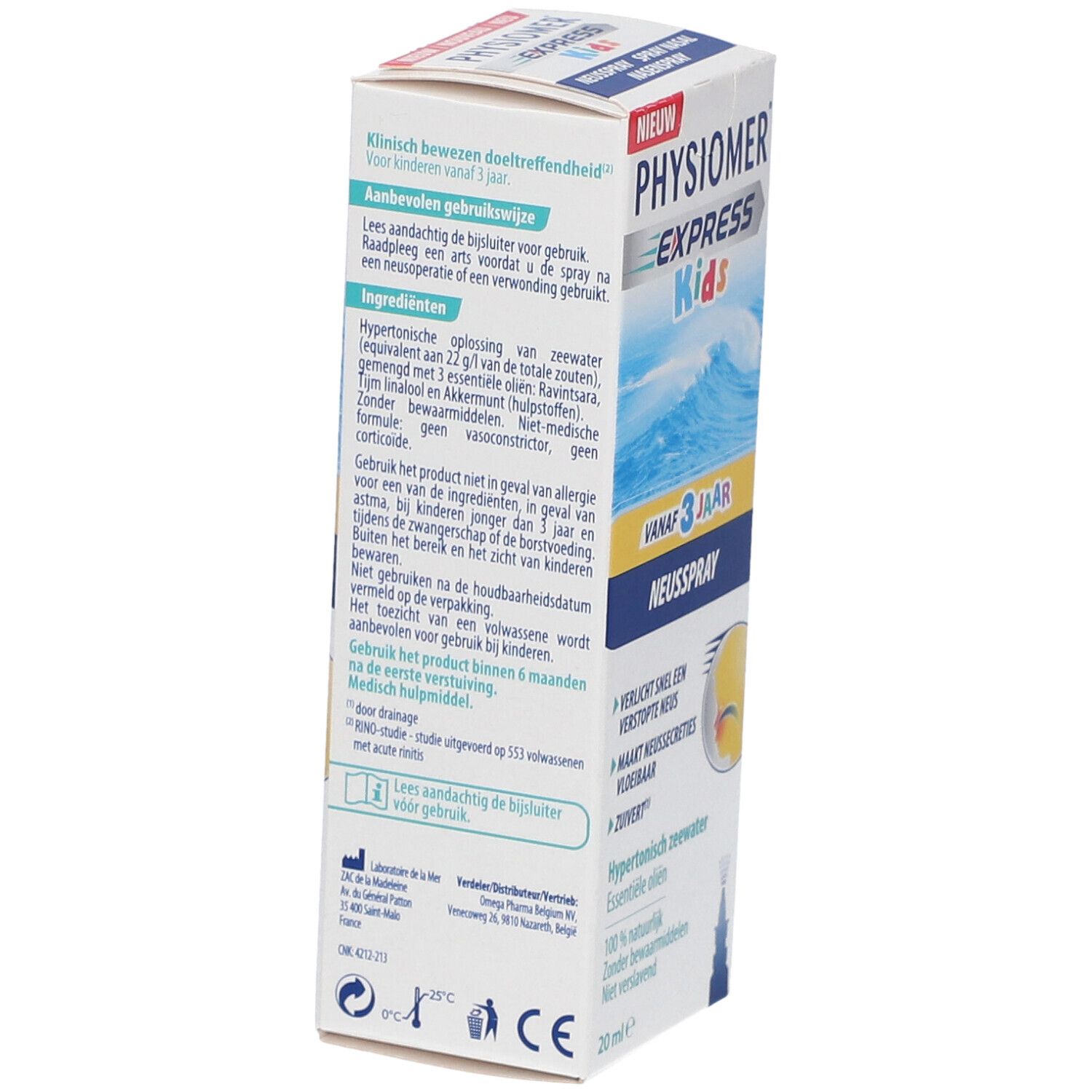 Dos de l'emballage Physiomer Express Kids. Texte en plusieurs langues. Informations sur le produit et ingrédients.