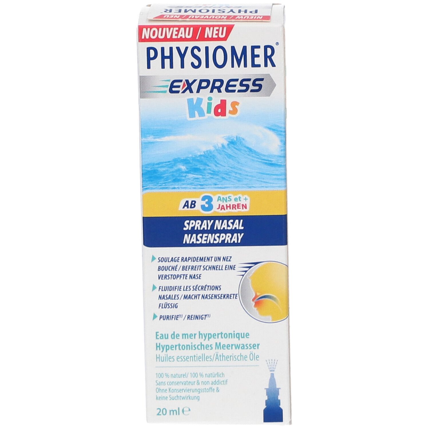 Emballage du spray nasal Physiomer Express Kids. Emballage bleu et jaune avec des vagues. Inscription: Physiomer Express Kids.