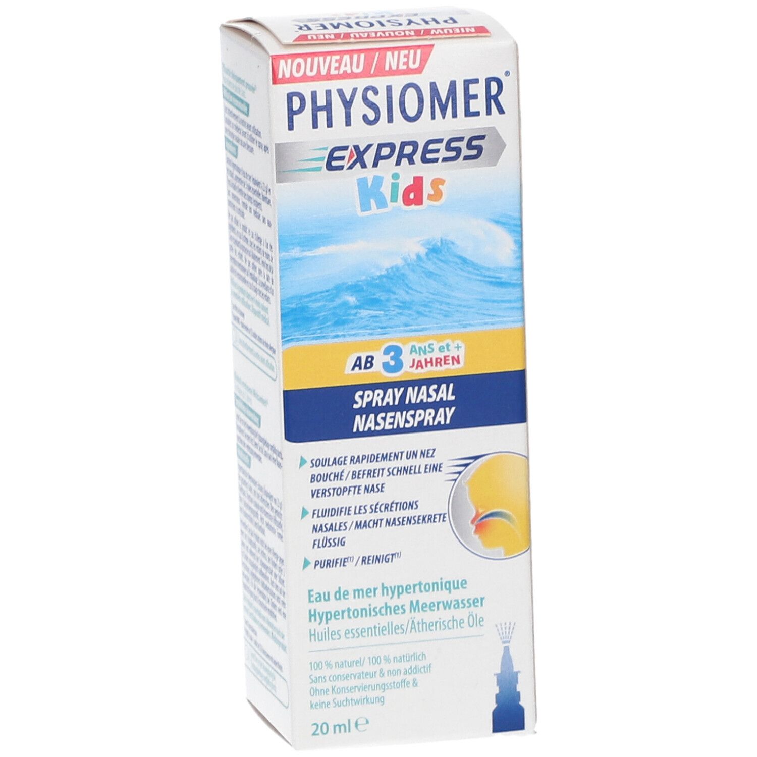 Physiomer Express Kids Spray nasal et emballage. Spray nasal blanc, emballage bleu et jaune avec des vagues.