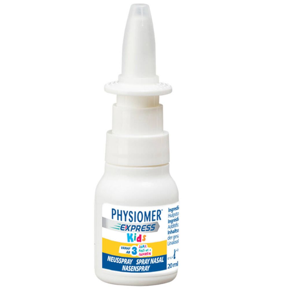 Physiomer Express Kids spray nasal. Flacon blanc avec embout. Inscription: Physiomer Express Kids, spray nasal.