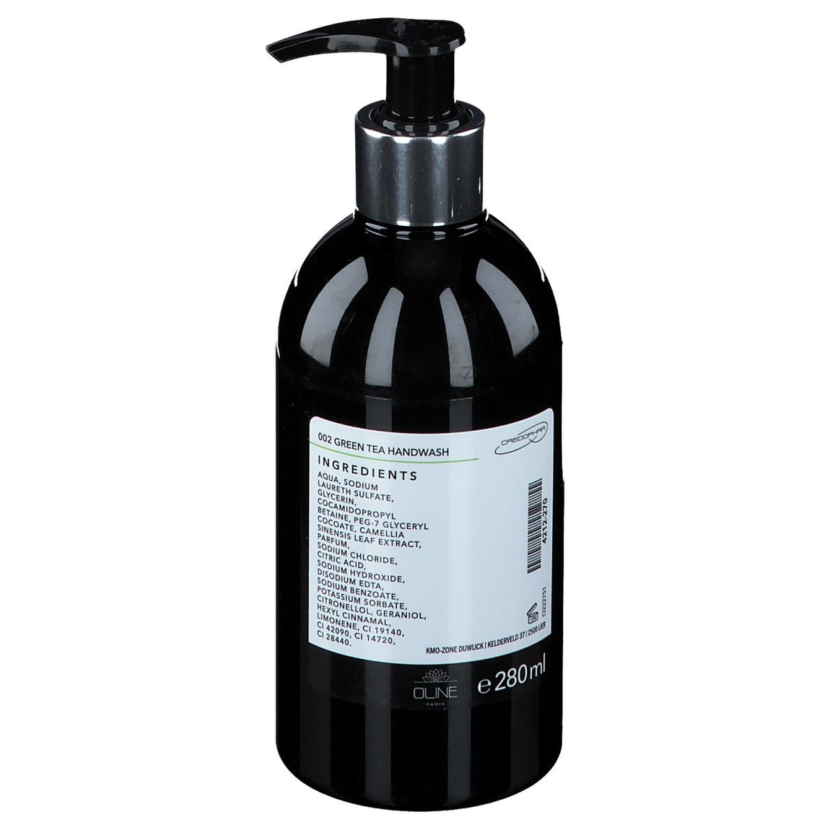 Zwarte fles met pomp. Label met ingrediënten en volume.