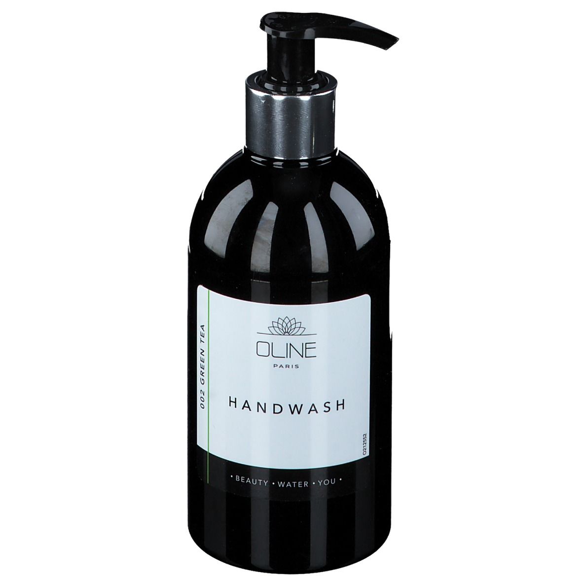 Zwarte fles met pomp. Label met "Oline Handwash".
