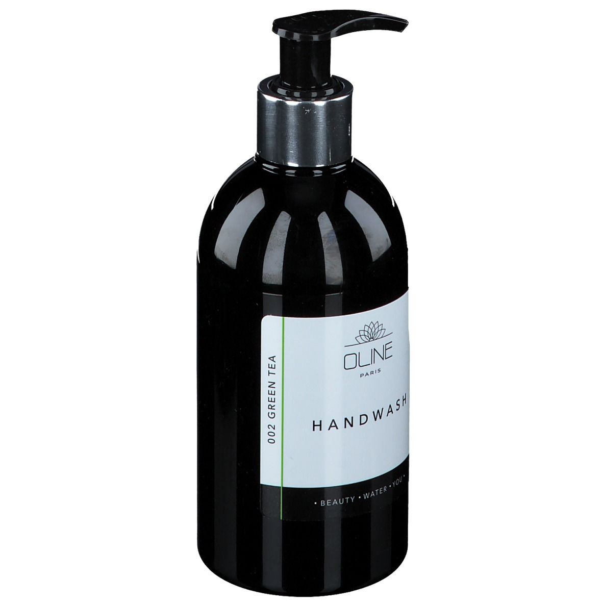 Zwarte fles met pomp. Label met "Oline Handwash".