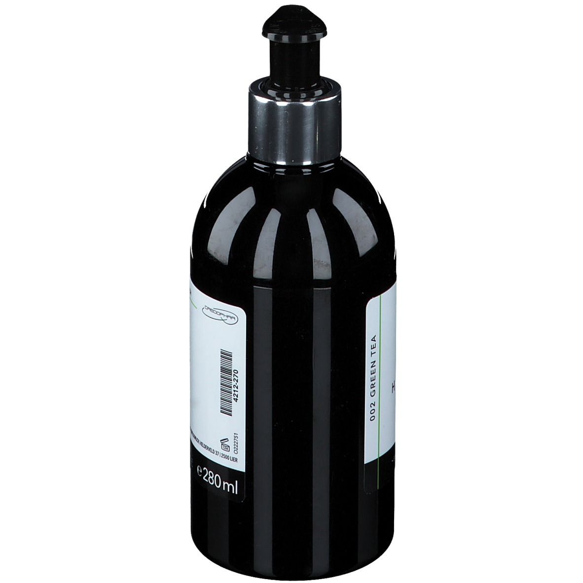 Zwarte fles met pomp. Label met volume-aanduiding.