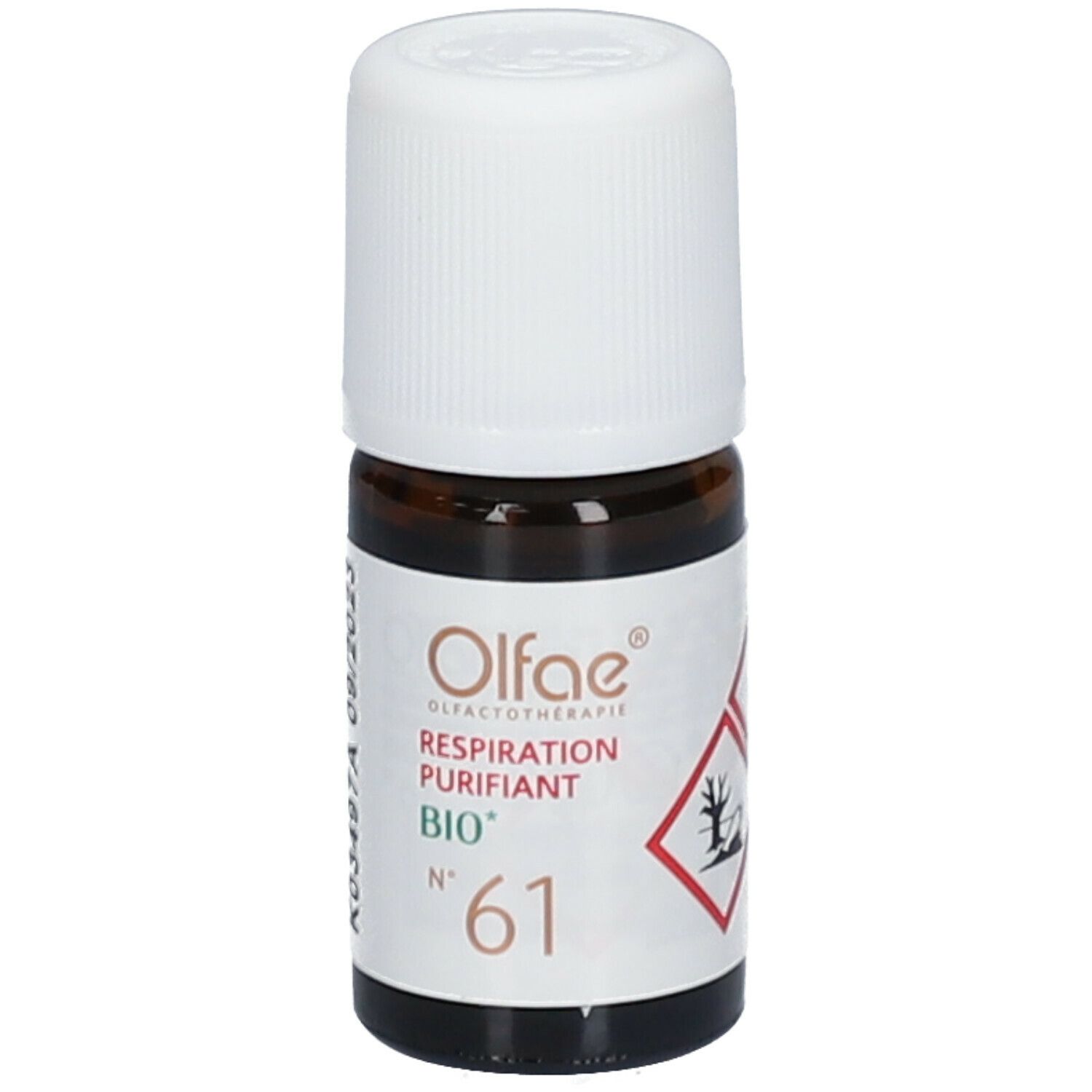 Bruine glazen fles met witte dop. Etiket met Olfae, Respiration Purifiant BIO, Nr. 61 en gevaarsymbolen.