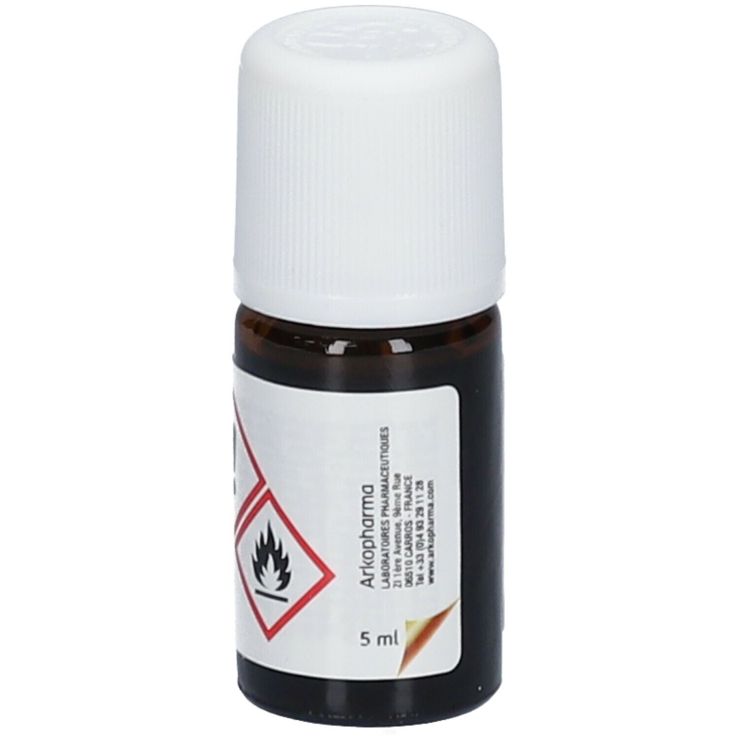 Bruine glazen fles met witte dop. Etiket met Arkopharma en 5 ml indicatie, en gevaarsymbolen.