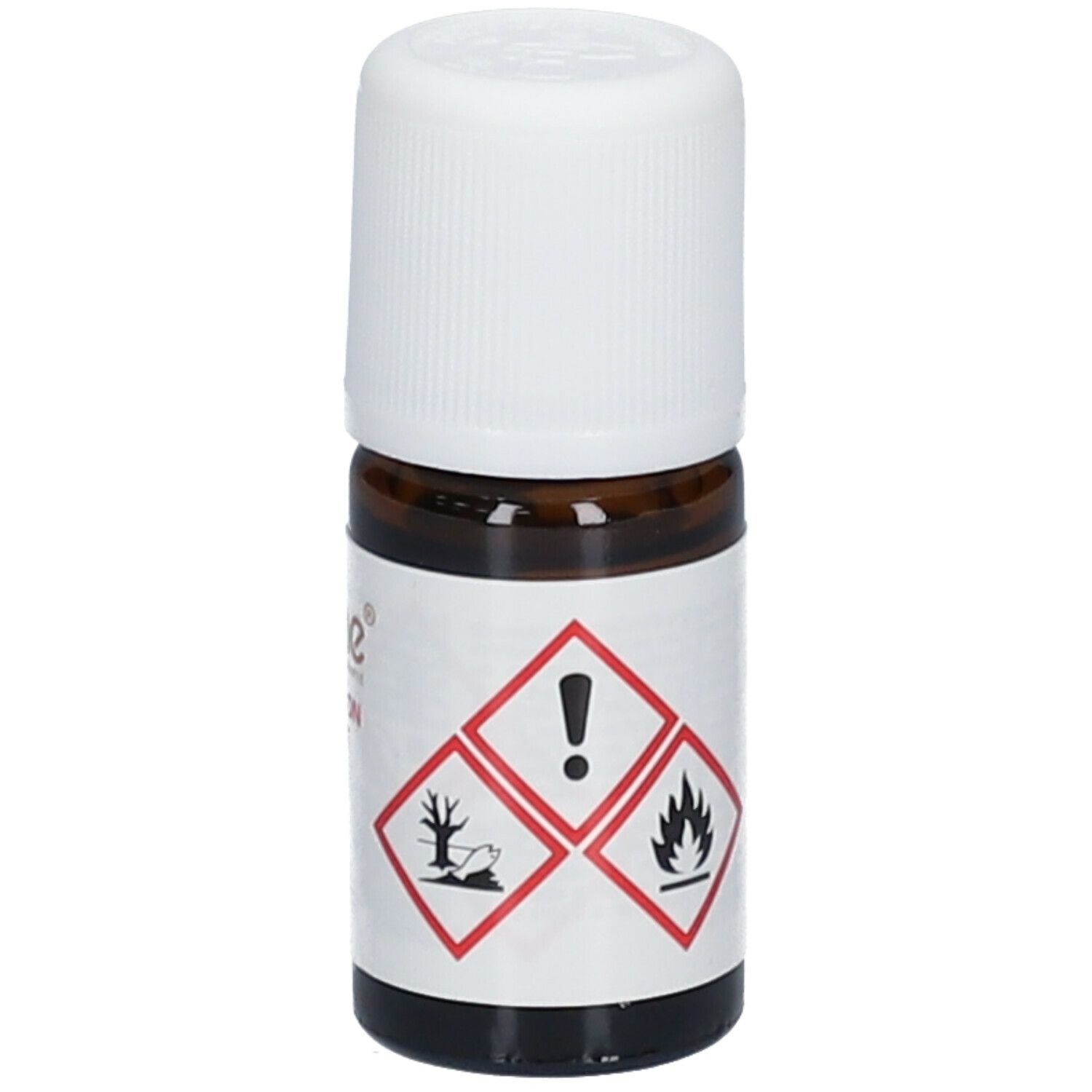 Bruine glazen fles met witte dop. Etiket met gevaarsymbolen: uitroepteken, vlam, boom/dode boom.