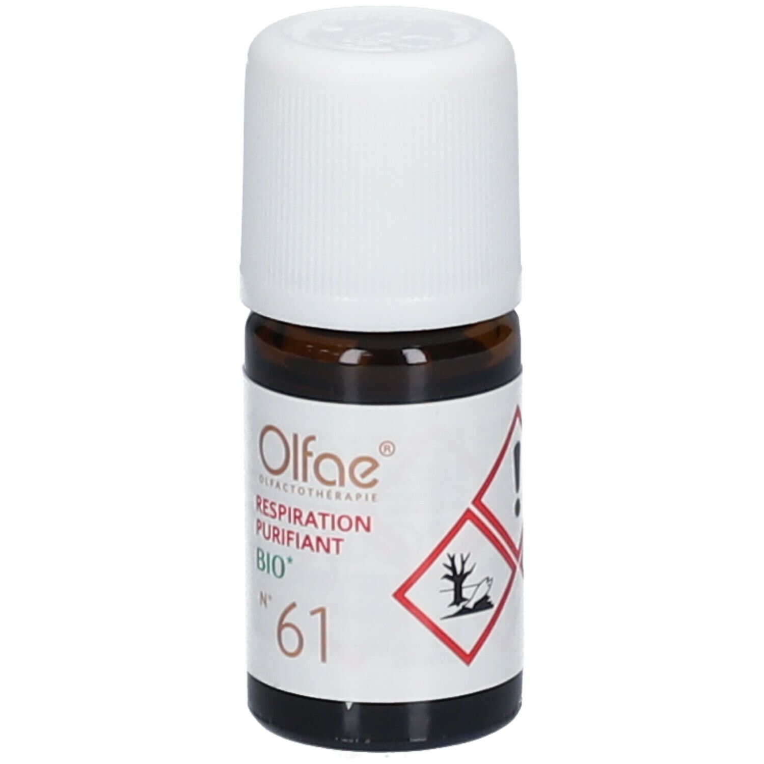 Bruine glazen fles met witte dop. Etiket met Olfae, Respiration Purifiant BIO, Nr. 61 en gevaarsymbool.
