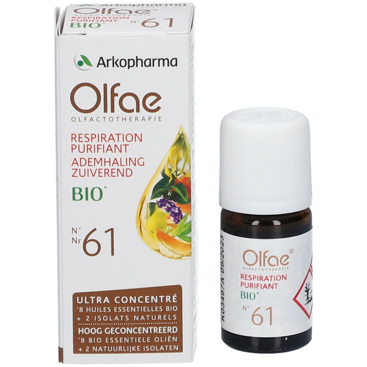 Productverpakking en fles. Verpakking met Olfae, Arkopharma, Respiration Purifiant BIO, Nr. 61. Fles ernaast.
