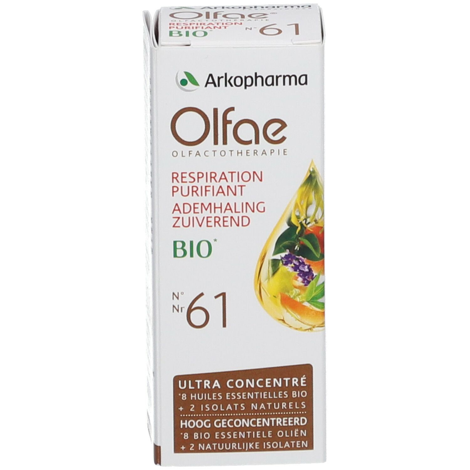 Productverpakking. Verpakking met Olfae, Arkopharma, Respiration Purifiant BIO, Nr. 61. Tekst en afbeelding.
