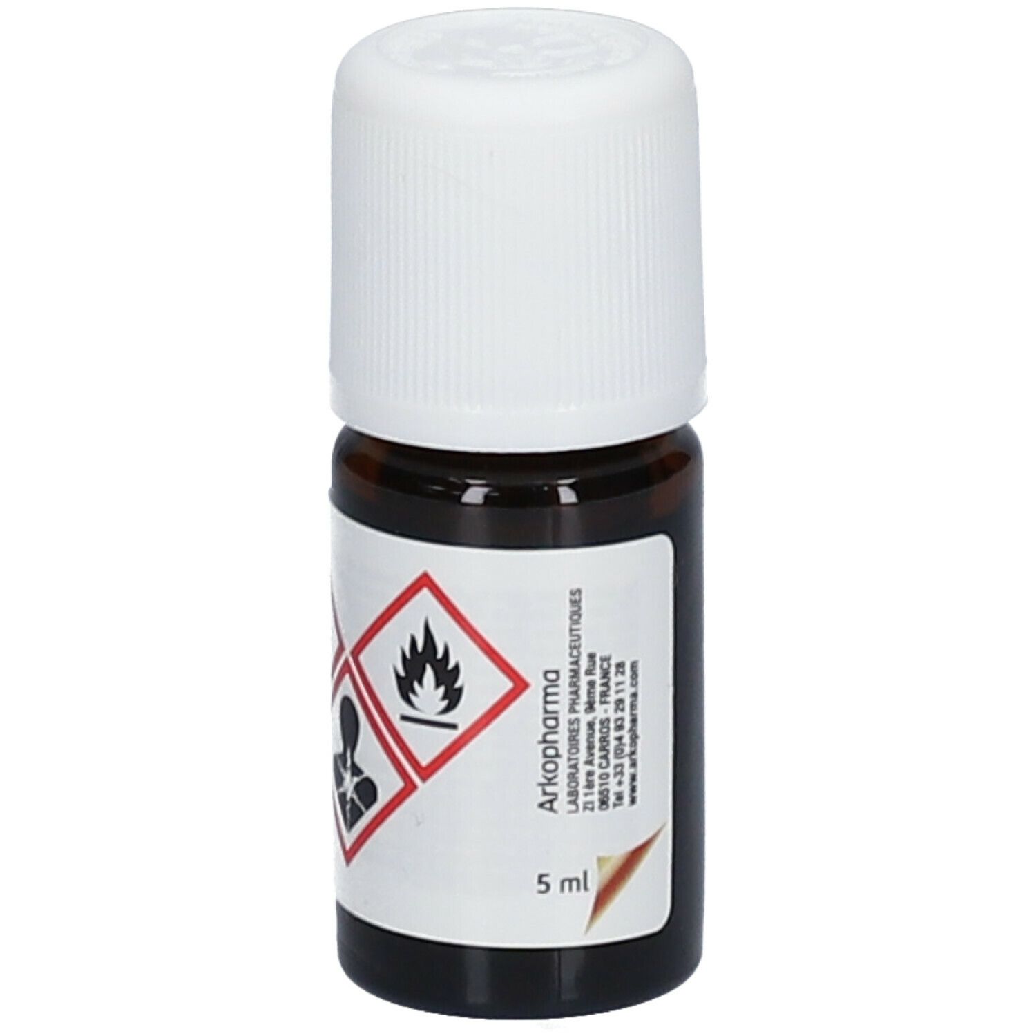Bruine glazen fles met witte dop. Etiket met gevaarsymbolen en tekst. 5 ml.