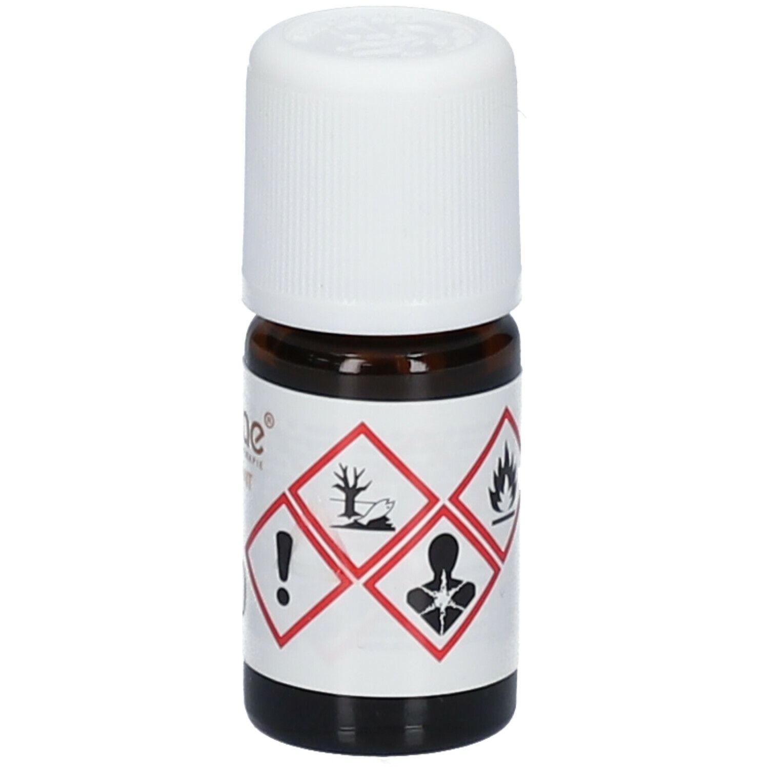 Bruine glazen fles met witte dop. Etiket met gevaarsymbolen en tekst. Productnaam niet zichtbaar.