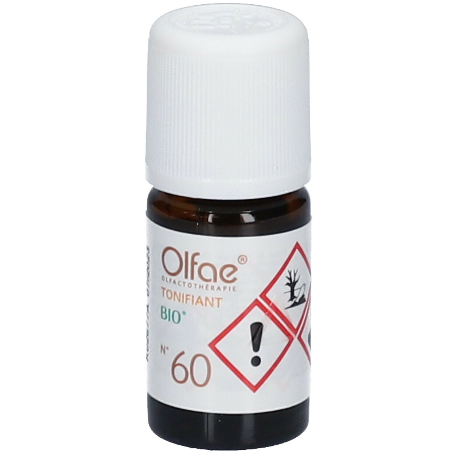 Bruine glazen fles met witte dop. Etiket met tekst en gevaarsymbolen. Productnaam en nr. 60.