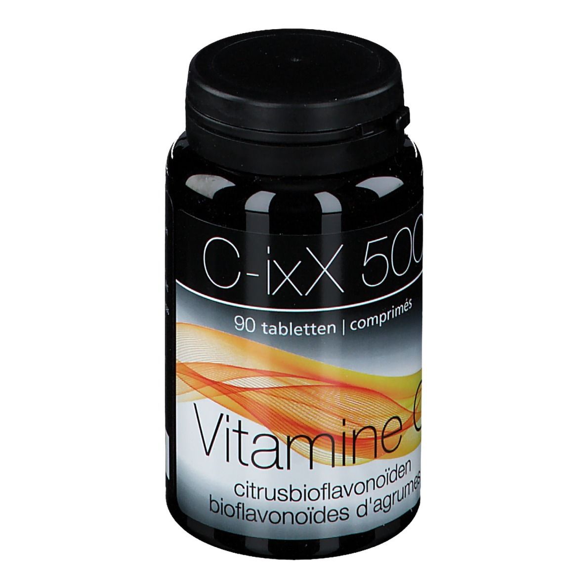 Zwarte fles C-ixX 500 Vitamine C. 90 tabletten. Opschrift: Vitamine C, citrusbioflavonoïden.