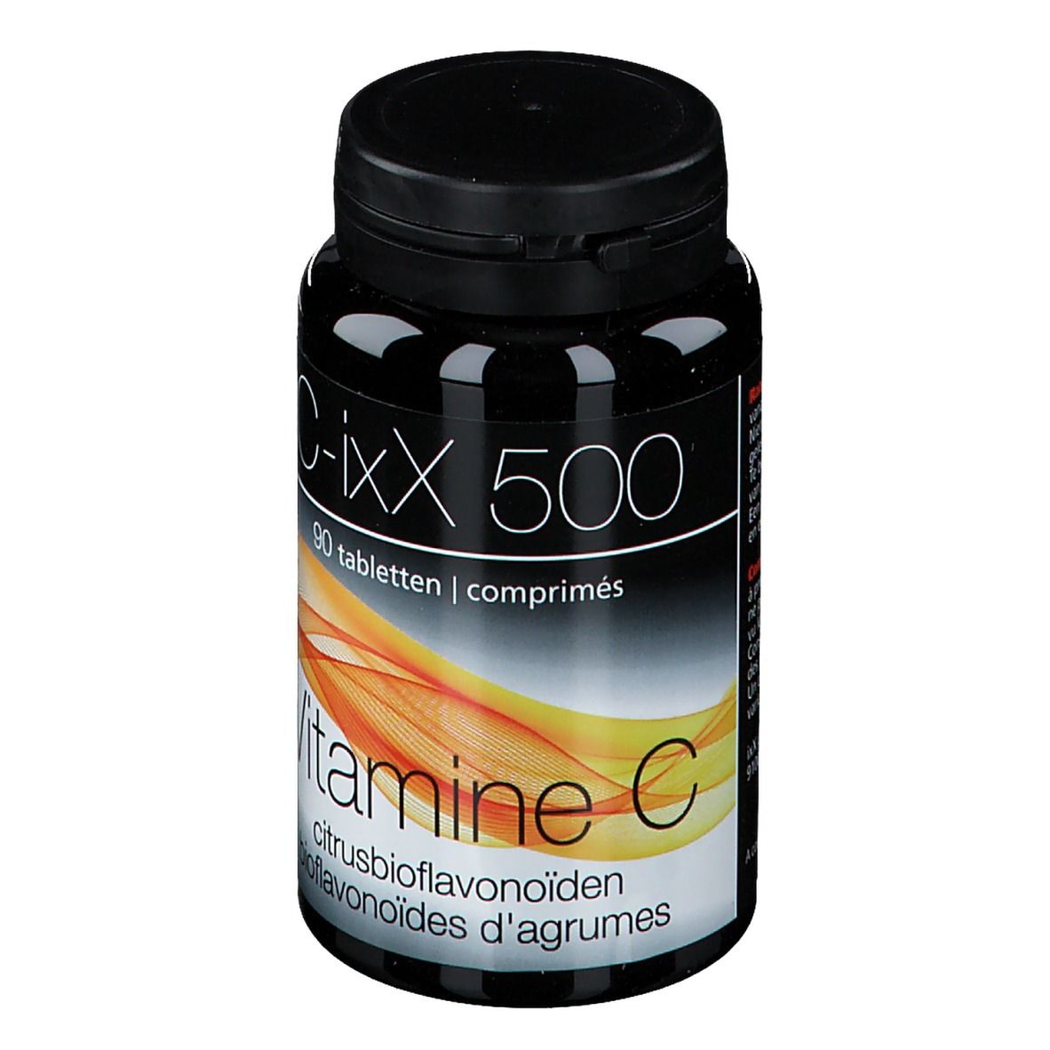 Zwarte fles C-ixX 500 Vitamine C. 90 tabletten. Opschrift: Vitamine C, citrusbioflavonoïden.