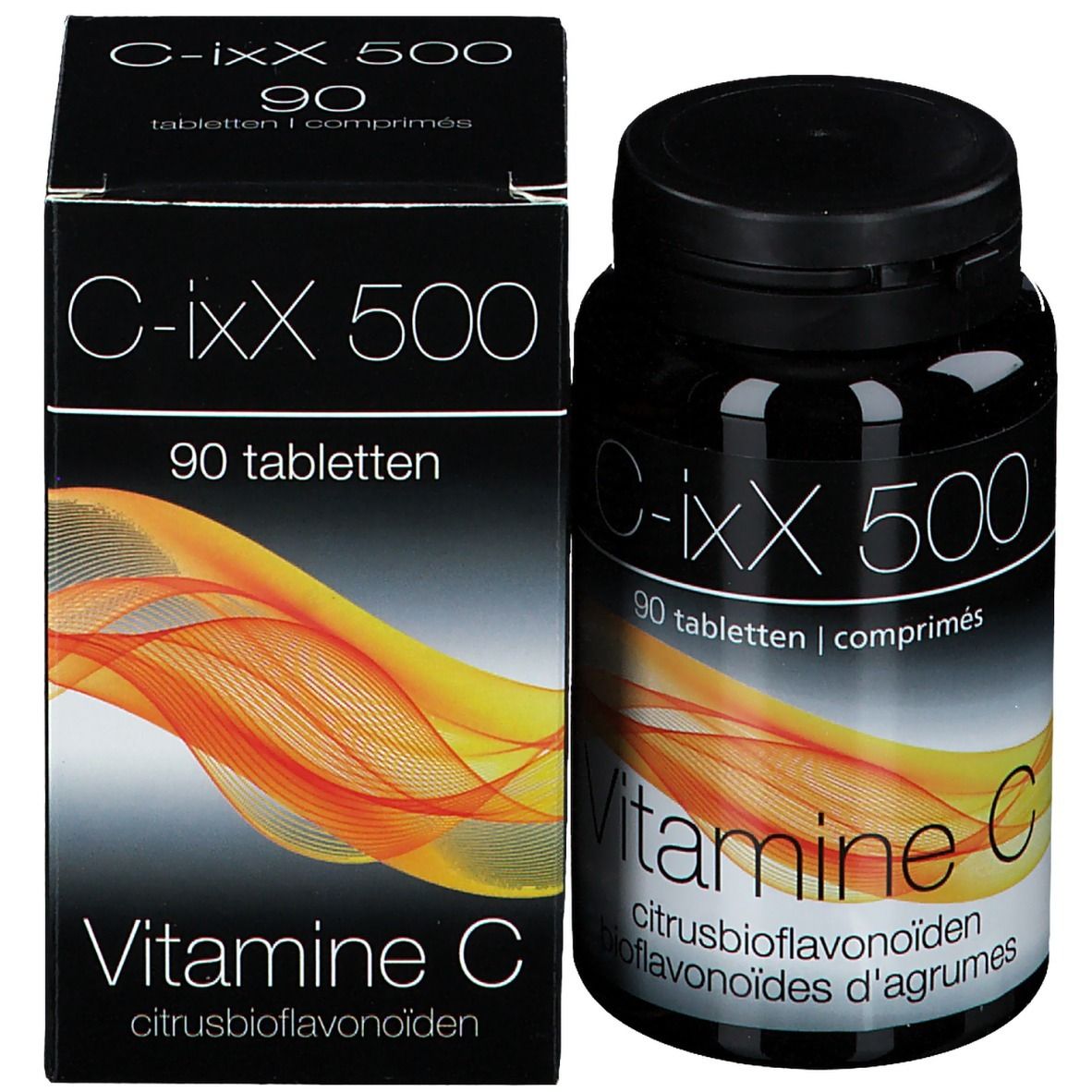 C-ixX 500 Vitamine C fles en doos. 90 tabletten. Opschrift: Vitamine C, citrusbioflavonoïden.