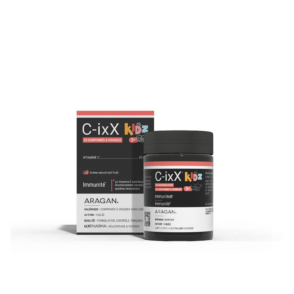 Boîte C-ixX Kidz, 30 comprimés à mâcher, vitamine C. Illustration de framboise souriante.