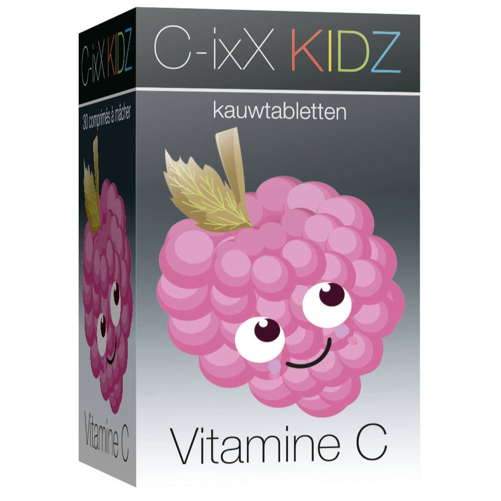 Boîte C-ixX Kidz, 30 comprimés à mâcher, vitamine C. Illustration d'une framboise souriante.