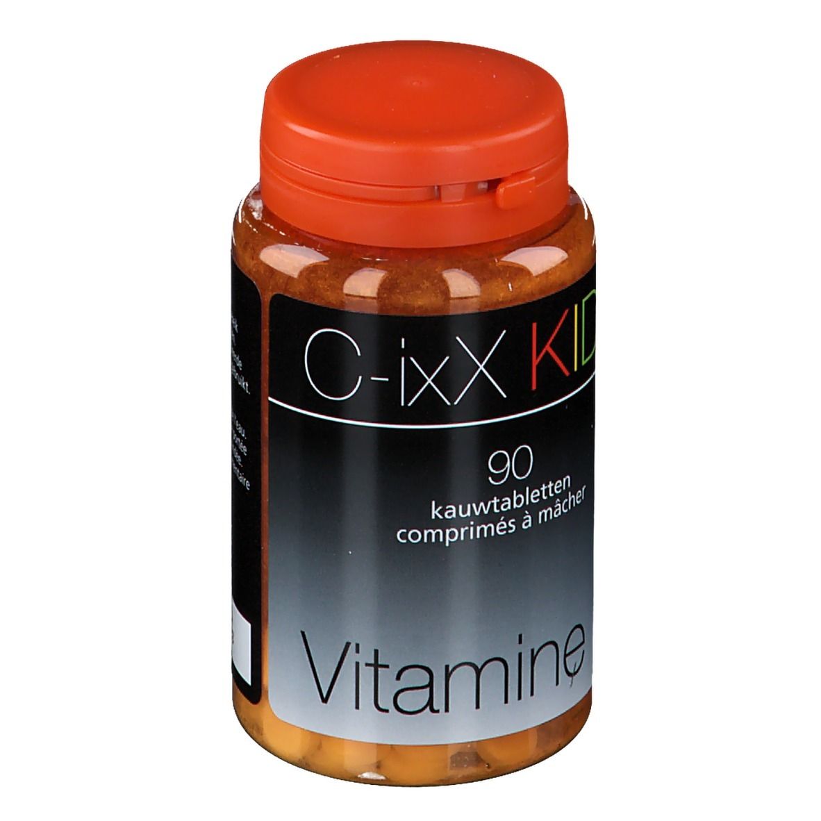 Bruine plastic fles met oranje dop. Opschrift C-ixX KIDZ, 90 kauwtabletten, Vitamine C.