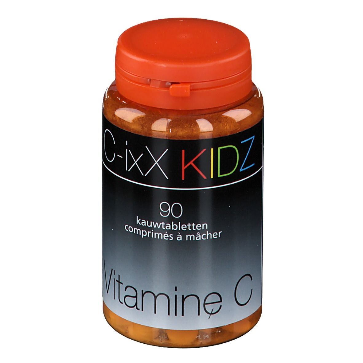 Bruine plastic fles met oranje dop. Opschrift C-ixX KIDZ, 90 kauwtabletten, Vitamine C.