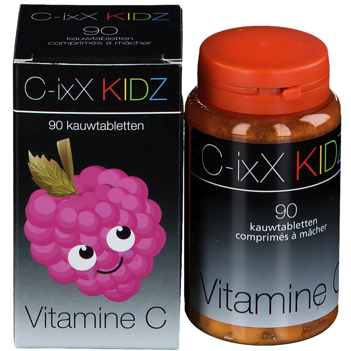 Bruine plastic fles met oranje dop en doos. Opschrift C-ixX KIDZ, 90 kauwtabletten, Vitamine C.