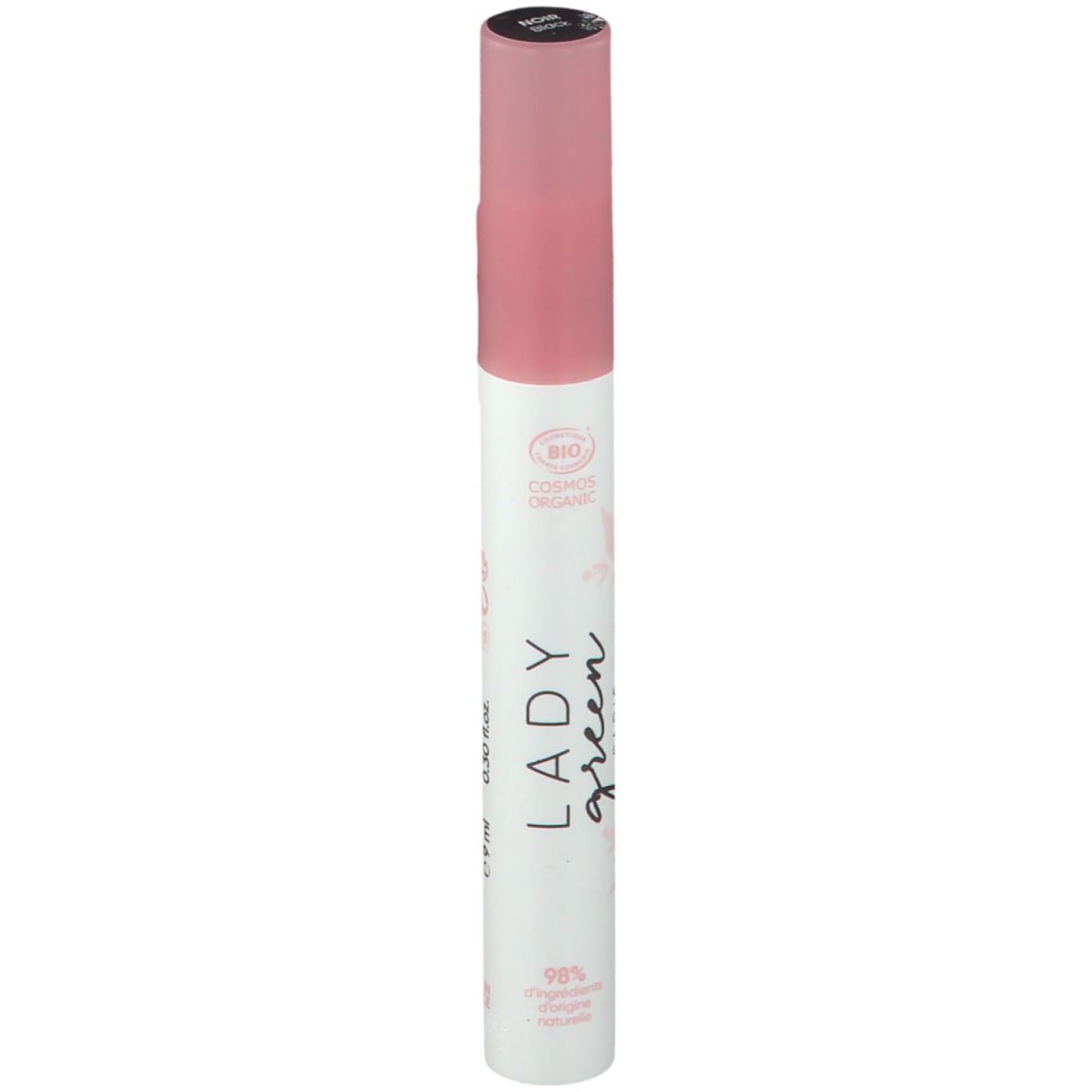 Tube de mascara avec bouchon rose. Inscription : Lady Green Paris, certification bio, 98% d'origine naturelle.
