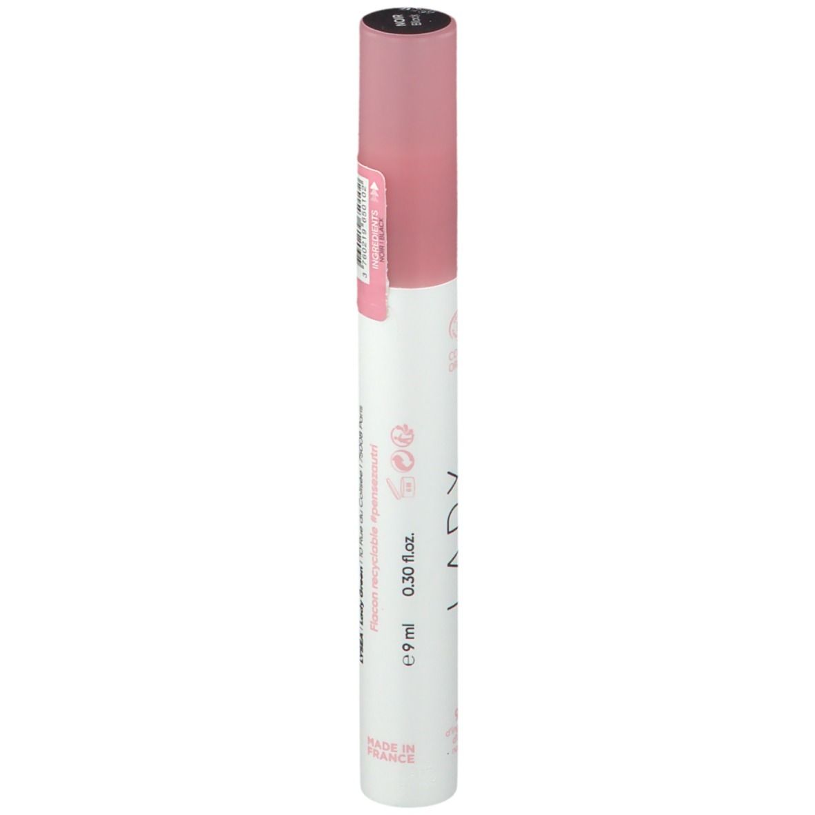 Tube de mascara avec bouchon rose. Inscription : Lady Green, 9 ml, 0.30 fl.oz., Made in France.