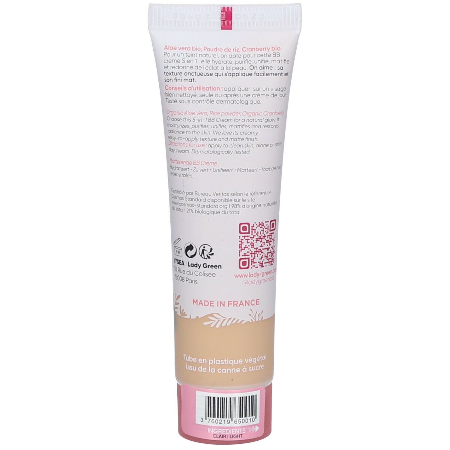 Dos du tube de crème BB Lady Green. Texte : 5 en 1, testé dermatologiquement, Made in France. Code QR et code-barres.
