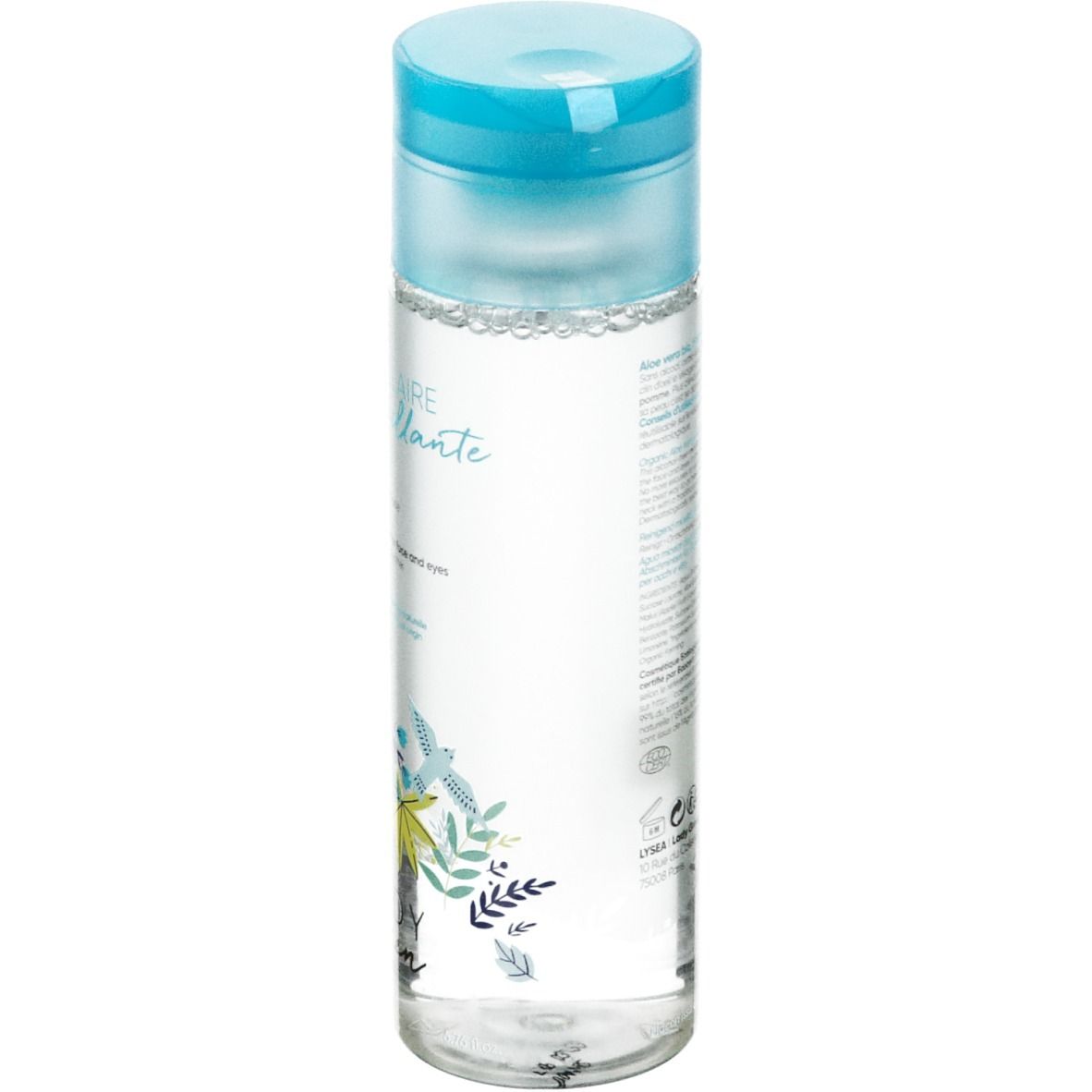 Transparente Flasche mit blauem Deckel. Aufschrift und floralem Muster. Rückseite mit Text.