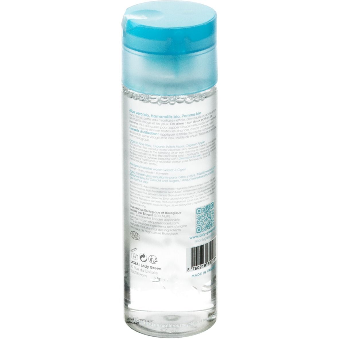 Transparente Flasche mit blauem Deckel. Rückseite mit Text, QR-Code und floralem Muster.