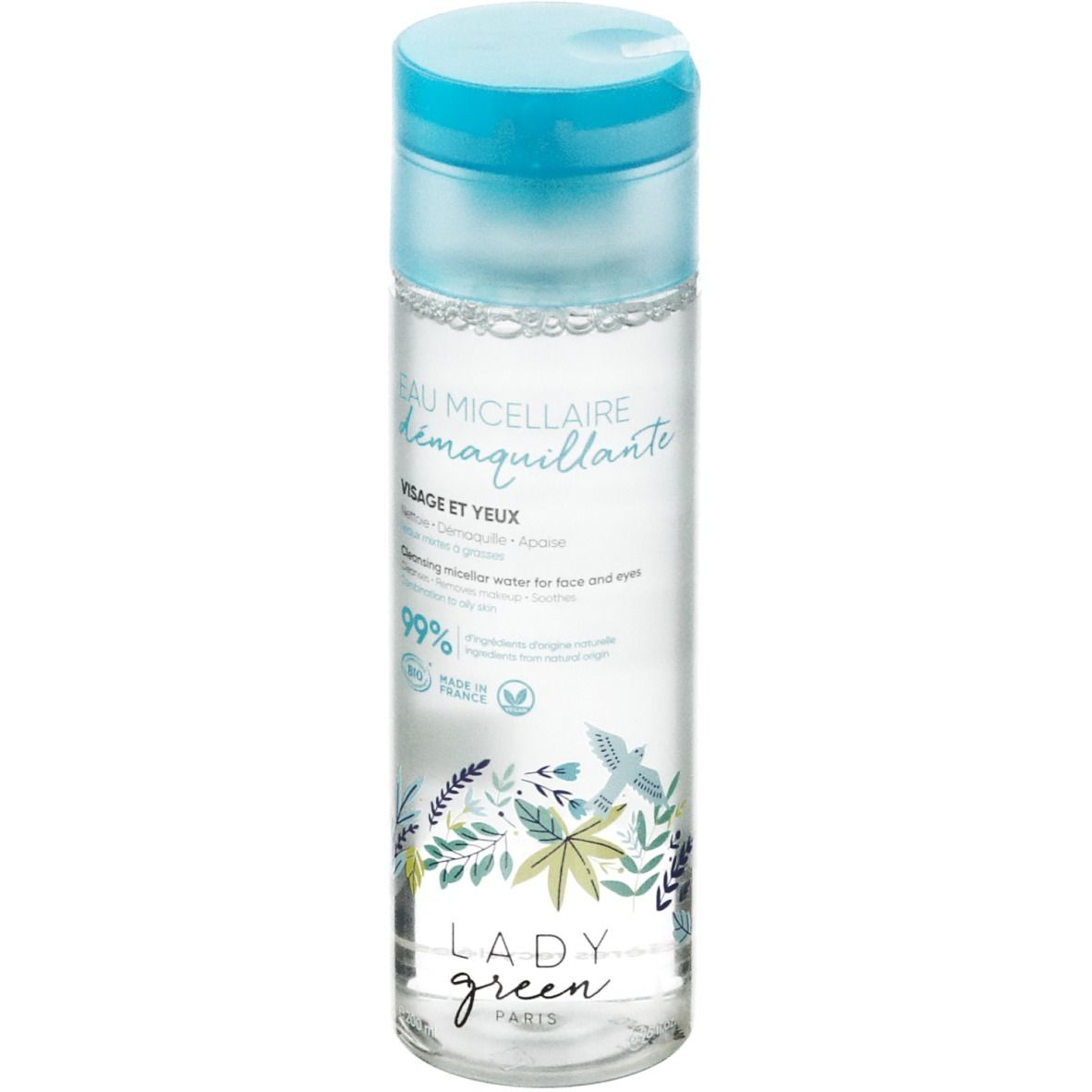 Klare Flasche mit blauem Deckel. Aufschrift: Eau Micellaire, Visage et Yeux. Marke: Lady Green.