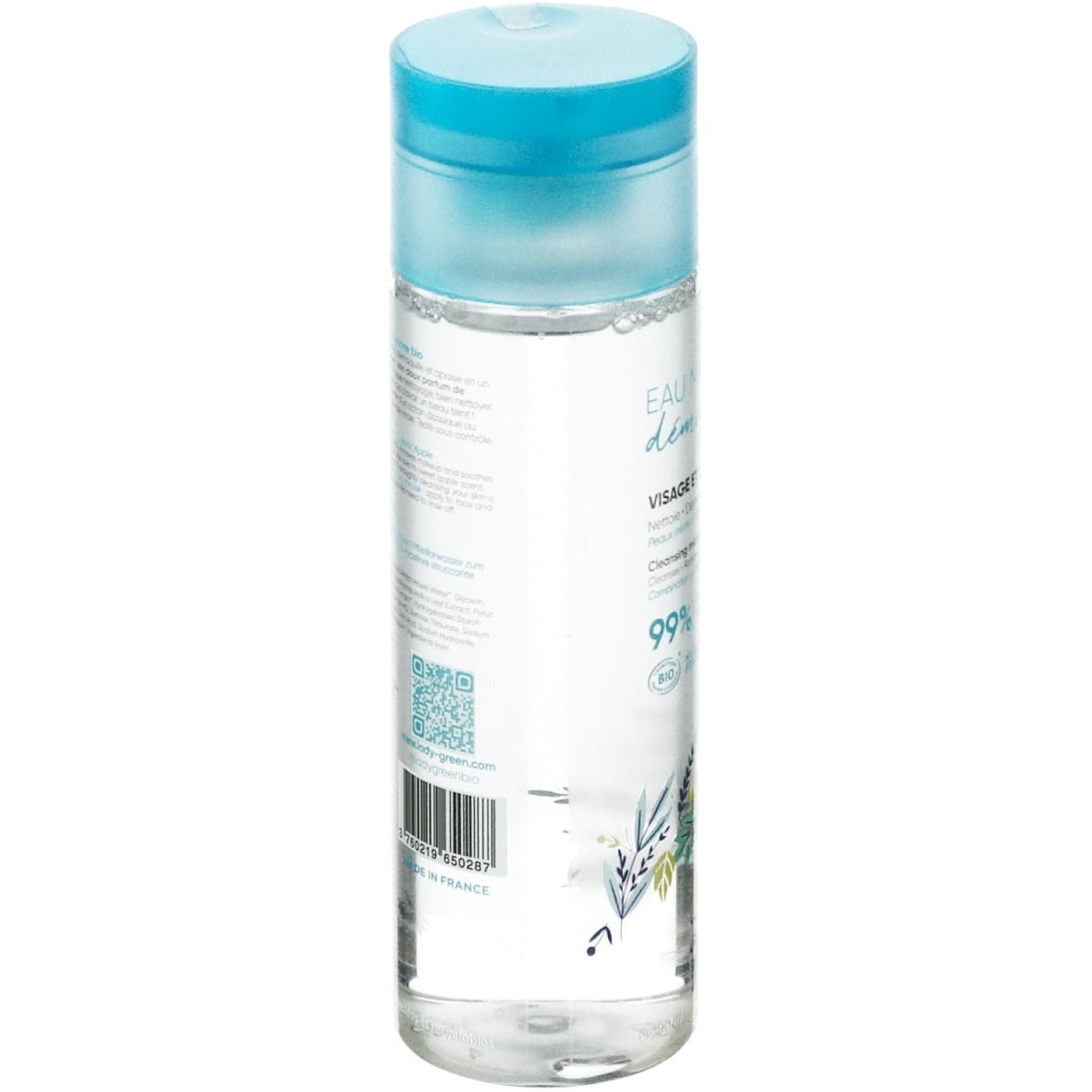 Transparente Flasche mit blauem Deckel. Rückseite mit Text, QR-Code und floralem Muster.