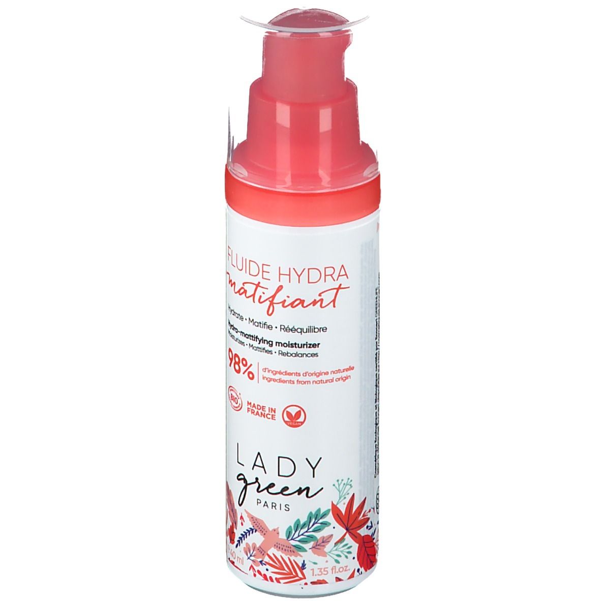 Wit-roze fles met "Fluide Hydra matifiant". Pompkop. Logo "Lady Green Paris".