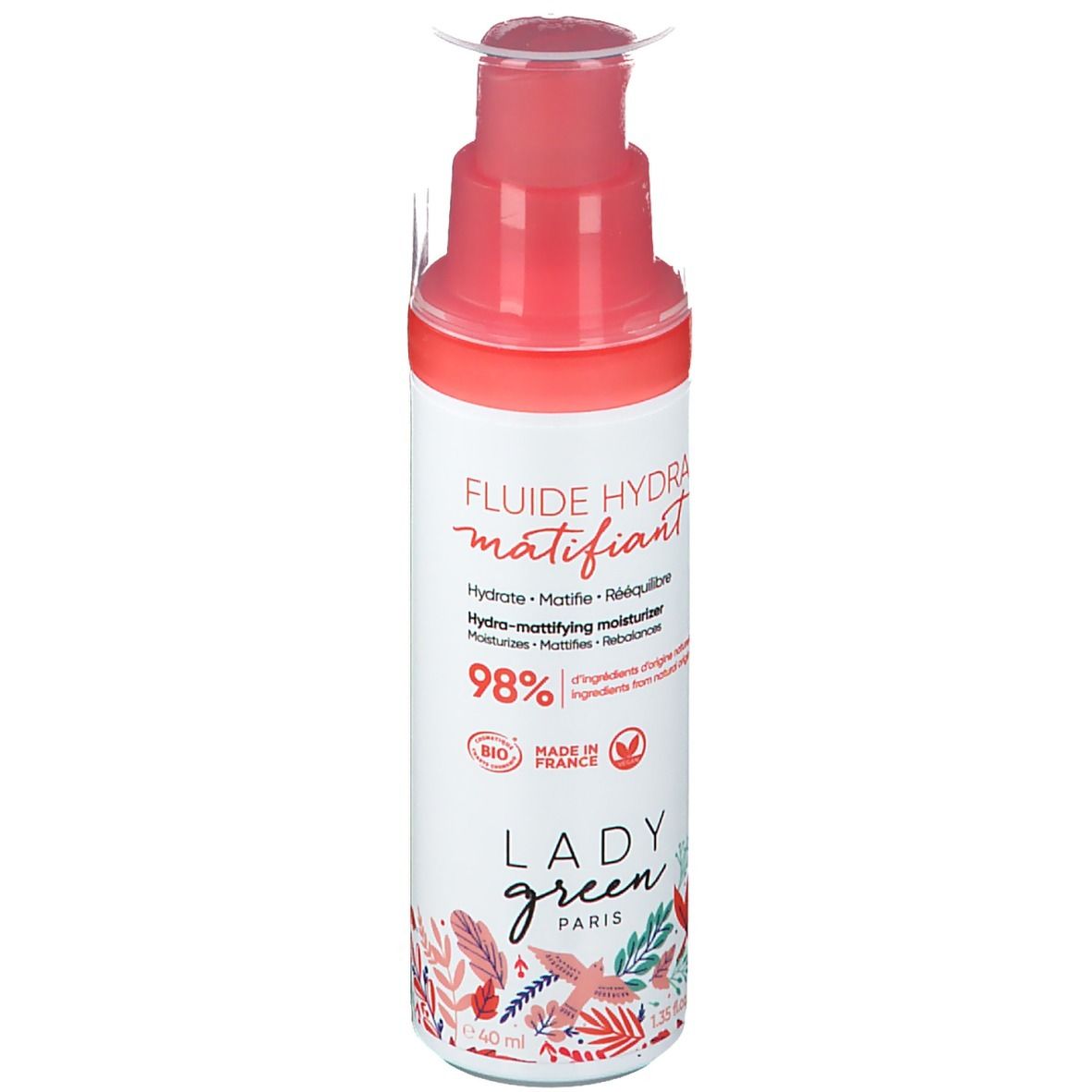 Wit-roze fles met "Fluide Hydra matifiant". Pompkop. Logo "Lady Green Paris".