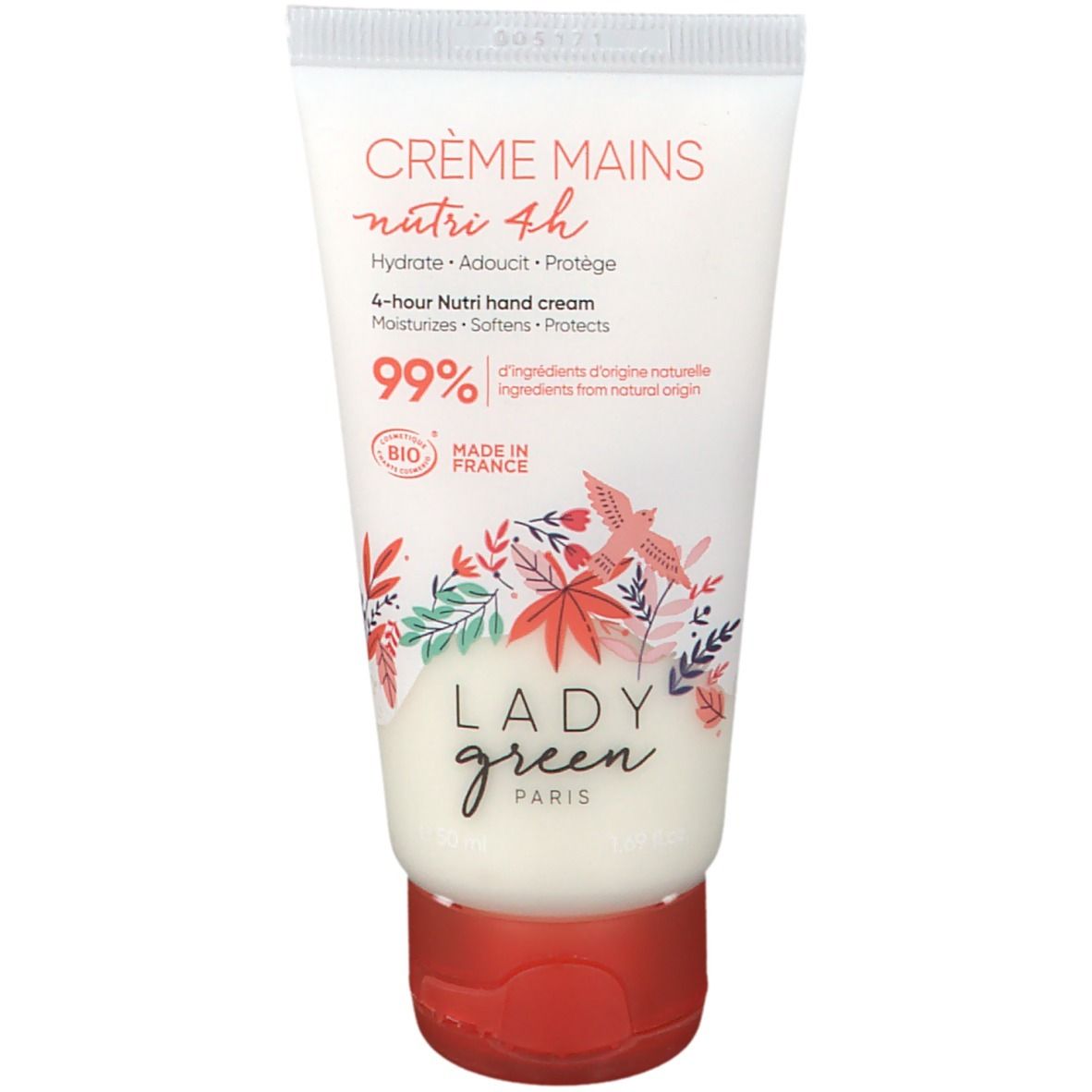 Crèmetube met rode dop. Opschrift: Crème Mains nutri 4h, Lady Green. 99% ingrediënten van natuurlijke oorsprong. Bio-logo.